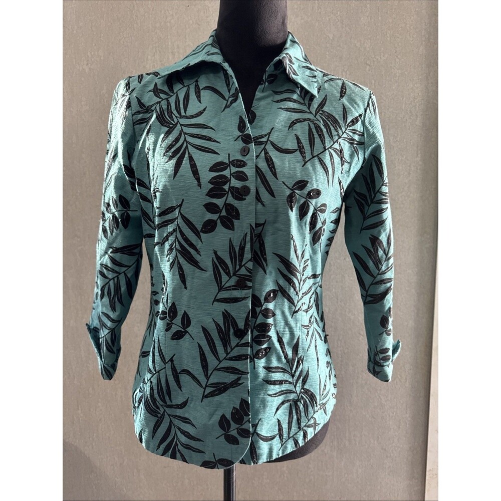 Silkland 100% Silk Jacket S Turquoise Black Botanical Sequin Art to Wear